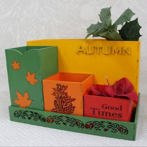 طرح میز آرایشگر با تم پاییز لیزری - autumn themed desk organizer laser cut ve - برای دستگاه CNC چوب و لیزر (سی ان سی)