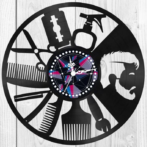 طرح ساعت دیواری وینیل آرایشگاه مردانه لیزری - barber shop vinyl record wall clock laser cut ve - برای دستگاه CNC چوب و لیزر (سی ان سی)