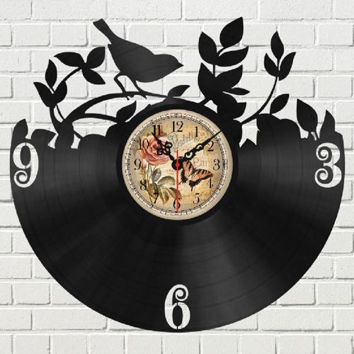 طرح ساعت دیواری طرح پرنده روی شاخه با صفحه وینیل و برش لیزری قاب - bird on branch vinyl record wall clock laser cut ve - برای دستگاه CNC چوب و لیزر (سی ان سی)