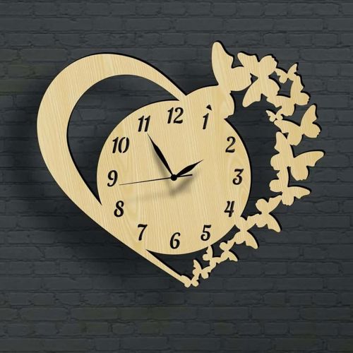 طرح ساعت دیواری چوبی طرح پروانه با برش لیزری ( قاب) - butterfly heart shaped wooden wall clock laser cut ve - برای دستگاه CNC چوب و لیزر (سی ان سی)