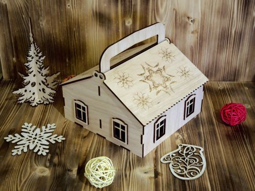 طرح جعبه کادویی کلبه آبنبات با دسته برای برش لیزری - candy hut gift box with handle for laser cut ve - برای دستگاه CNC چوب و لیزر (سی ان سی)