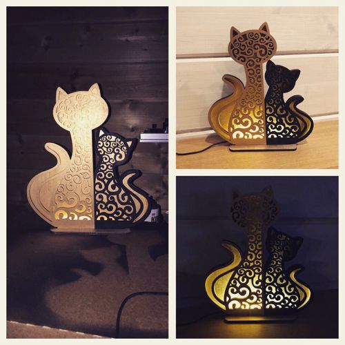 طرح چراغ خواب گربه و بچه گربه چراغ خواب دکوراسیون منزل دکور - cat and kitten night light lamp home decor ve - برای دستگاه CNC چوب و لیزر (سی ان سی)