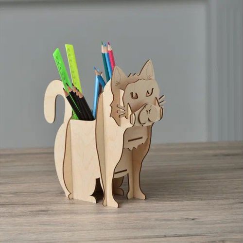 طرح جا مداد گربه‌ای میز سازمان‌دهنده لیزر - cat pencil holder desk organizer laser cut - برای دستگاه CNC چوب و لیزر (سی ان سی)