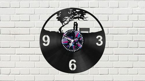 طرح ساعت دیواری صفحه‌ای وینیلی دونفره زیر درخت لیزری - couple under tree vinyl record wall clock laser cut ve - برای دستگاه CNC چوب و لیزر (سی ان سی)