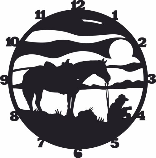 طرح ساعت دیواری کابوی غربی اسب - cowboy wall clock western horse - برای دستگاه CNC چوب و لیزر (سی ان سی)