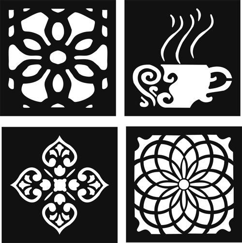 طرح نقوش تزئینی گل مربع و فنجان قهوه برای برش لیزر - decorative motifs of flower squares and coffee cup for laser cut ve - برای دستگاه CNC چوب و لیزر (سی ان سی)