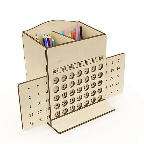 طرح تقویم دائمی رومیزی با خودکار سازماندهنده لیزر - desktop perpetual calendar with pen organizer laser cut ve - برای دستگاه CNC چوب و لیزر (سی ان سی)