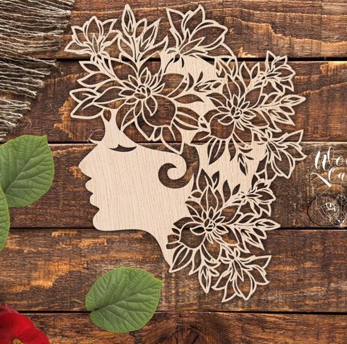طرح حکاکی سر دختر با موهای گلدار برای برش لیزری - engrave girl head with floral hair for laser cut ve - برای دستگاه CNC چوب و لیزر (سی ان سی)