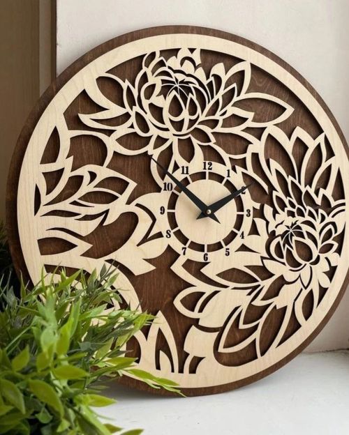 طرح گل دار دو لایه طرح ساعت دیواری برش لیزری - floral pattern double layer design wall clock laser cut ve - برای دستگاه CNC چوب و لیزر (سی ان سی)