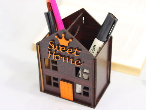 طرح جا خودکاری شکل خانه لیزر - house shaped pen holder laser cut - برای دستگاه CNC چوب و لیزر (سی ان سی)