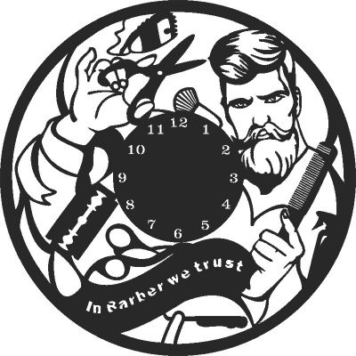طرح ساعت دیواری وینیل ساخت باربر - in barber we trust wall clock vinyle ve - برای دستگاه CNC چوب و لیزر (سی ان سی)