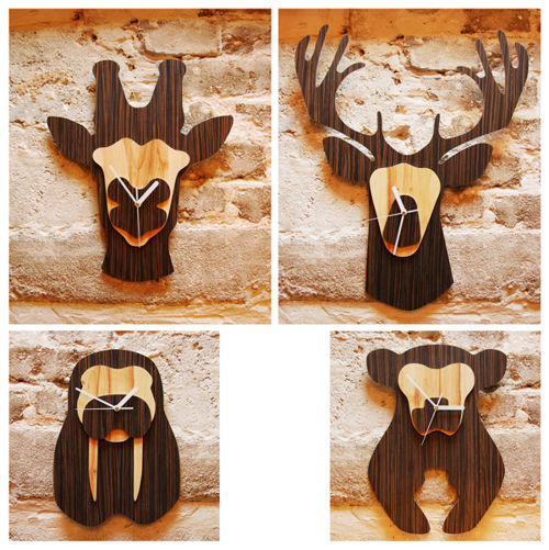 طرح ساعت دیواری به شکل سر حیوانات جنگلی برش لیزری - jungle animal heads shaped wall clocks laser cut ve - برای دستگاه CNC چوب و لیزر (سی ان سی)