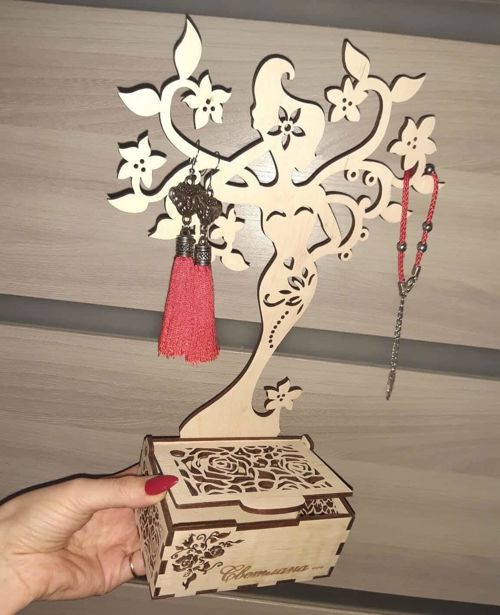 طرح پایه نمایش جواهرات خانمی با جعبه برش لیزری - lady jewelry display stand with box laser cut ve - برای دستگاه CNC چوب و لیزر (سی ان سی)