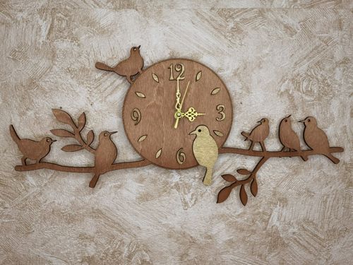 طرح ساعت دیواری طرح پرندگان با برش لیزری روی شاخه - laser cut birds on branch wall clock ve - برای دستگاه CNC چوب و لیزر (سی ان سی)