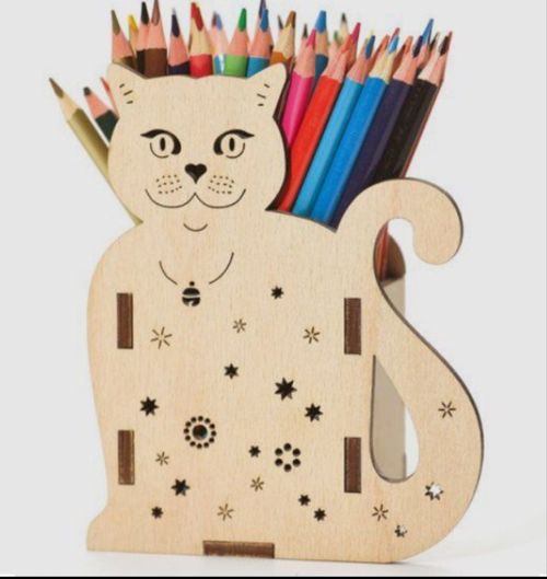 طرح جا مدادی گربه برش لیزری سه بعدی پازل - laser cut cat pencil holder 3d puzzle ve - برای دستگاه CNC چوب و لیزر (سی ان سی)