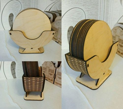 طرح مجموعه زیرلیوانی حکاکی شده با برش لیزری نگهدارنده - laser cut engraved coaster set with holder ve - برای دستگاه CNC چوب و لیزر (سی ان سی)