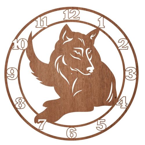 طرح ساعت دیواری گرگ با برش لیزری و حکاکی - laser cut engraved wolf wall clock ve - برای دستگاه CNC چوب و لیزر (سی ان سی)