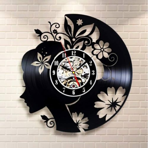 طرح ساعت دیواری طرح گل با برش لیزری مدل وینیل - laser cut flowers girl vinyl record wall clock ve - برای دستگاه CNC چوب و لیزر (سی ان سی)
