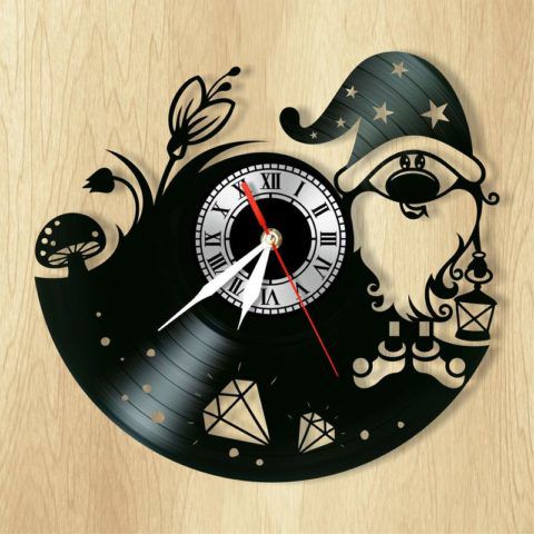 طرح ساعت دیواری گنوم برش لیزری ساعت وینیل ساعت صفحه‌ای - laser cut gnome wall clock vinyl record clock ve - برای دستگاه CNC چوب و لیزر (سی ان سی)