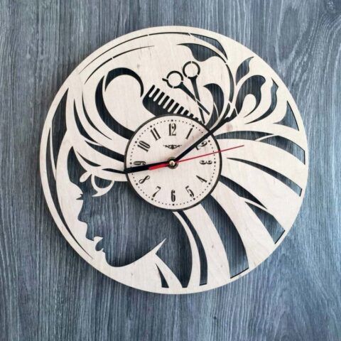 طرح ساعت دیواری سالن زیبایی با برش لیزری مو - laser cut hair salon wall clock beauty salon ve - برای دستگاه CNC چوب و لیزر (سی ان سی)