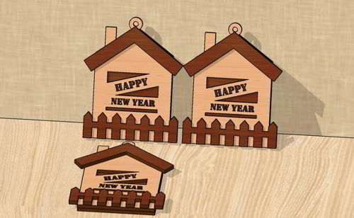 طرح برش لیزری برچسب هدیه سال نو مبارک به شکل خانه - laser cut happy new year gift tag house shaped ve - برای دستگاه CNC چوب و لیزر (سی ان سی)