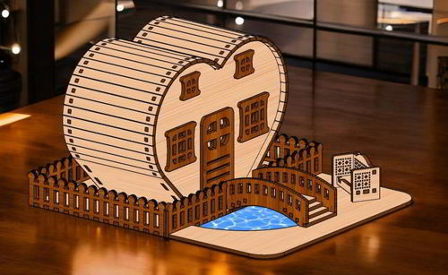 طرح خانه عروسکی مینیاتوری قلبی شکل با برش لیزری خانه چوبی هزینه - laser cut heart shaped miniature dollhouse wooden house ve - برای دستگاه CNC چوب و لیزر (سی ان سی)