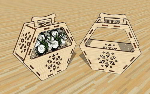 طرح سبد گل شش ضلعی برش لیزری سبد گل چوبی سبد هدیه - laser cut hexagon shape flower basket wooden candy gift basket ve - برای دستگاه CNC چوب و لیزر (سی ان سی)
