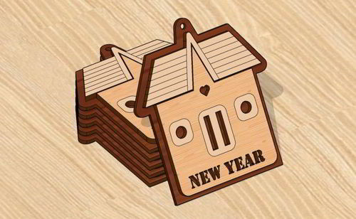 طرح برش لیزری خانه شکل سال نو برچسب - laser cut home shaped new year tag - برای دستگاه CNC چوب و لیزر (سی ان سی)
