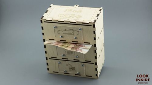 طرح گاوصندوق بانکی برش لیزری با درب کشویی - laser cut money bank safe with sliding cover ve - برای دستگاه CNC چوب و لیزر (سی ان سی)
