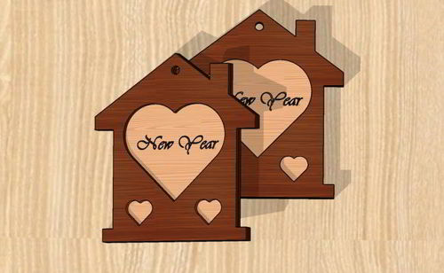 طرح برش لیزری سال نو خانه به شکل برچسب هدیه - laser cut new year home shaped gift tag ve - برای دستگاه CNC چوب و لیزر (سی ان سی)