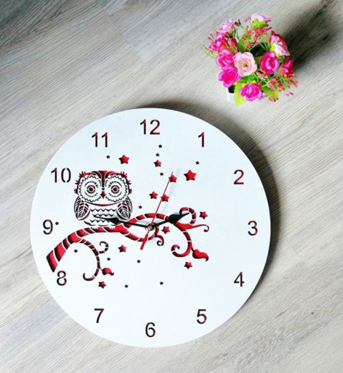 طرح ساعت دیواری چوبی تزئینی طرح جغد با برش لیزری روی شاخه - laser cut owl on branch decorative wooden wall clock ve - برای دستگاه CNC چوب و لیزر (سی ان سی)