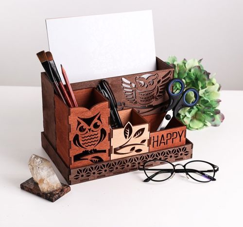 طرح جغدهای برش لیزری جدول دسکتاپ سازمان‌دهنده - laser cut owls desktop organizer ve - برای دستگاه CNC چوب و لیزر (سی ان سی)