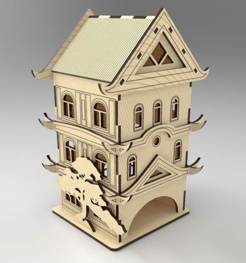 طرح برش لیزری پاگودا چایخانه چای کیسه‌ای پخش‌کننده - laser cut pagoda tea house tea bag dispenser ve - برای دستگاه CNC چوب و لیزر (سی ان سی)