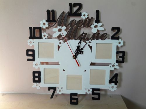 طرح ساعت دیواری شخصی‌سازی‌شده با برش لیزری و قاب عکس - laser cut personalized wall clock with photo frames - برای دستگاه CNC چوب و لیزر (سی ان سی)