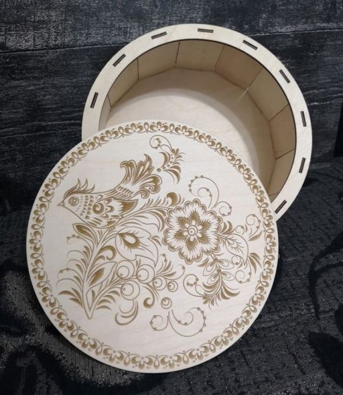 طرح جعبه چوبی گرد برش لیزری با درب حکاکی شده قاب - laser cut round wood box with engraved lid ve - برای دستگاه CNC چوب و لیزر (سی ان سی)