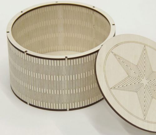 طرح جعبه چوبی گرد برش لیزری با درب، لولای متحرک، قاب - laser cut round wood box with lid living hinge box - برای دستگاه CNC چوب و لیزر (سی ان سی)