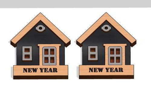 طرح برش لیزری شیک خانه شکل سال نو برچسب - laser cut stylish home shaped new year tag - برای دستگاه CNC چوب و لیزر (سی ان سی)