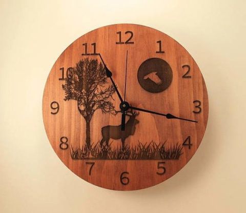 طرح ساعت دیواری برش لیزری chasy olen derevo luna - laser cut wall clock chasy olen derevo luna ve - برای دستگاه CNC چوب و لیزر (سی ان سی)