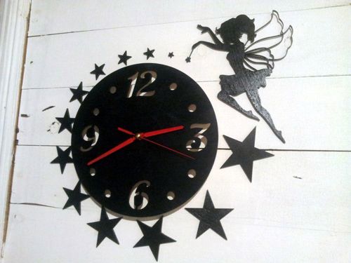 طرح ساعت دیواری برش لیزری با طرح پری سه بعدی پازل - laser cut wall clock with fairy 3d puzzle ve - برای دستگاه CNC چوب و لیزر (سی ان سی)