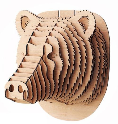 طرح تندیس برش خورده چوبی حیوان حیوان سر خرس سر دیوار دکور وی جی - laser cut wooden animal trophy head bear head wall decor ve - برای دستگاه CNC چوب و لیزر (سی ان سی)