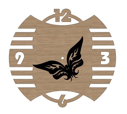 طرح ساعت دیواری چوبی طرح پروانه با برش لیزری و حکاکی - laser cut wooden butterfly engraved wall clock ve - برای دستگاه CNC چوب و لیزر (سی ان سی)