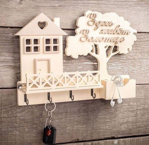 طرح برش لیزری چوبی به شکل خانه چوبی قفسه جاکلیدی دیواری قالب - laser cut wooden house shape key hanger shelf wall mounted template ve - برای دستگاه CNC چوب و لیزر (سی ان سی)