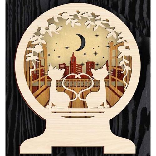 طرح گربه چوبی چندلایه برش لیزری با لامپ ال‌ای‌دی ماه پوشش گیاهی - laser cut wooden multilayer cat with moon led lamp ve - برای دستگاه CNC چوب و لیزر (سی ان سی)