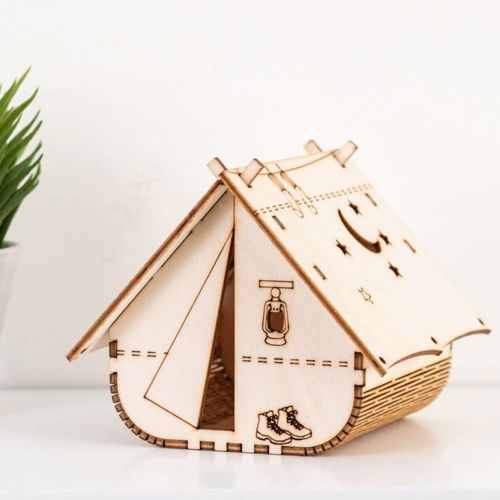 طرح چادر چوبی برش لیزری به شکل چادر شب لامپ - laser cut wooden tent shape night light lamp ve - برای دستگاه CNC چوب و لیزر (سی ان سی)