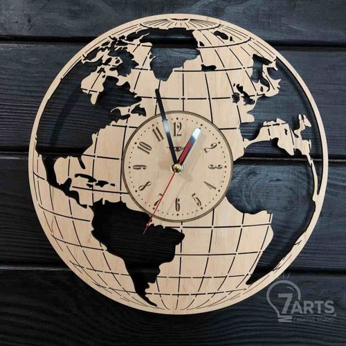 طرح ساعت جهانی برش لیزری پازل - laser cut world shaped clock puzzle - برای دستگاه CNC چوب و لیزر (سی ان سی)
