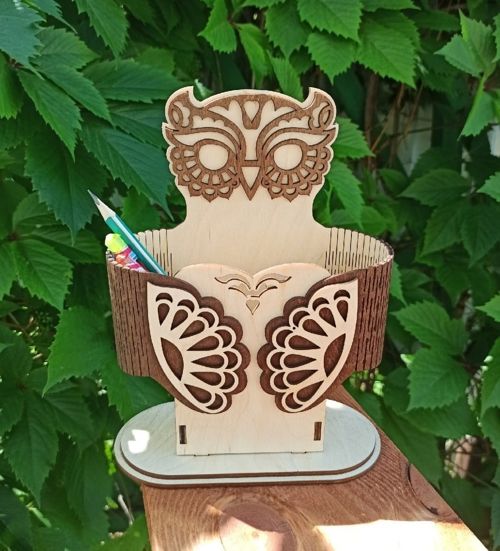 طرح لولای زنده قلم جا مدادی برش لیزری - living hinge owl pen pencil holder laser cut ve - برای دستگاه CNC چوب و لیزر (سی ان سی)