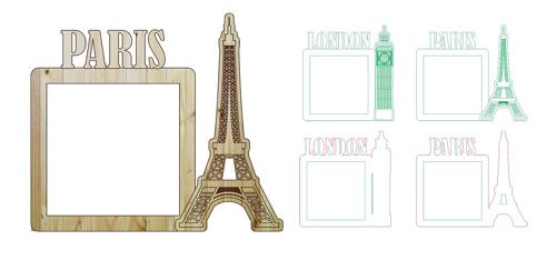 طرح قاب عکس لندن پاریس و حکاکی لیزری - london paris photo frame laser cut and engraving - برای دستگاه CNC چوب و لیزر (سی ان سی)