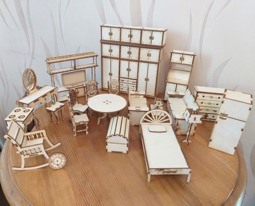 طرح مجموعه مبلمان خانه عروسکی مینیاتوری برای برش لیزری هزینه - miniature dollhouse furniture set for laser cutting ve - برای دستگاه CNC چوب و لیزر (سی ان سی)