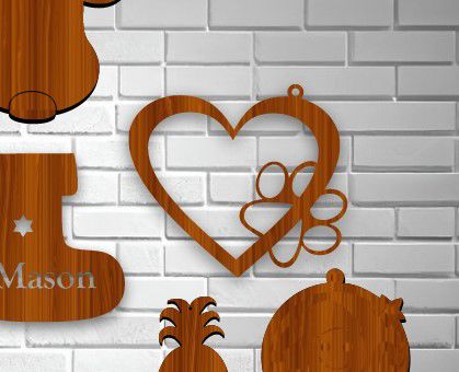 طرح تزئینی کریسمس قلب و پنجه سگ چاپ برش لیزری - pet christmas ornament heart and dog paw print laser cut ve - برای دستگاه CNC چوب و لیزر (سی ان سی)