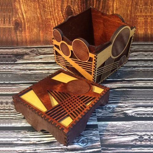 طرح جعبه چوبی کوچک با دایره و طرح توری میلی متر لیزر - small wooden box with circles and mesh design 4mm laser cut - برای دستگاه CNC چوب و لیزر (سی ان سی)